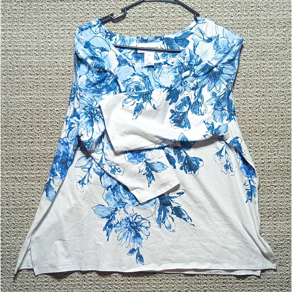 Alfred Dunner Women's XL Floral Knit Top White Blue 3/4 Sleeve Studded Vin#D2